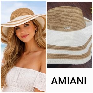 Amiani Stylish Tan and White Wide Brim Hat
